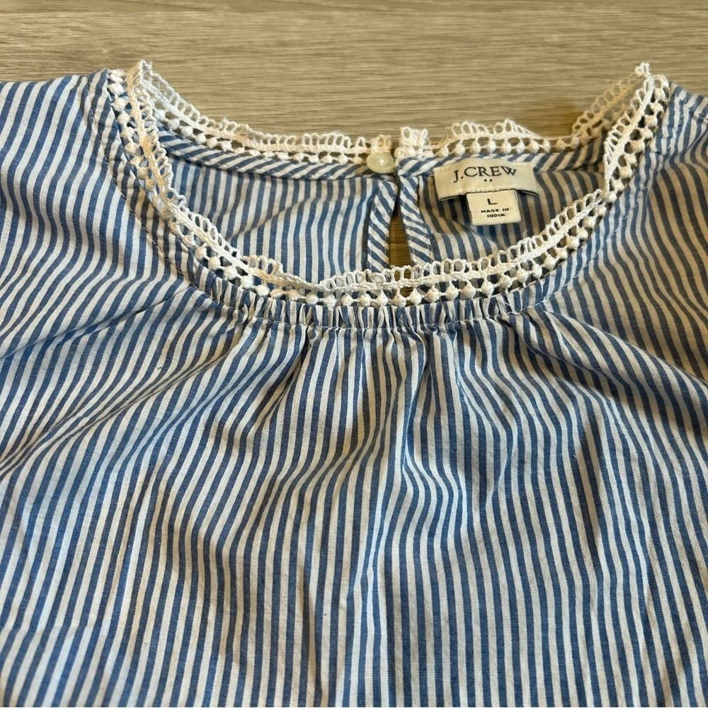 J. Crew Women's Blue and White Long Sleeve Cotton Top - Large